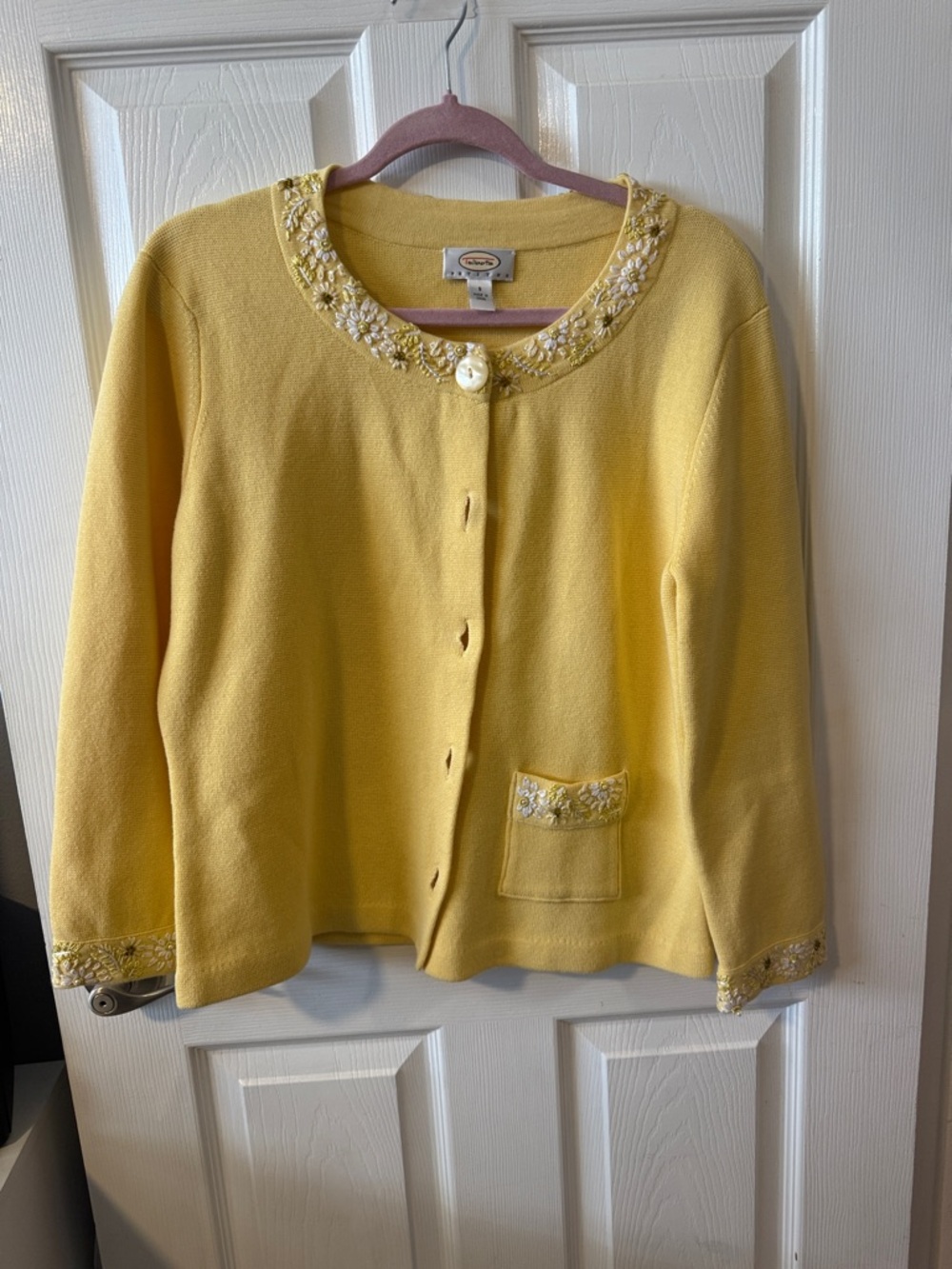 Talbots Yellow Embellished Crewneck Cardigan